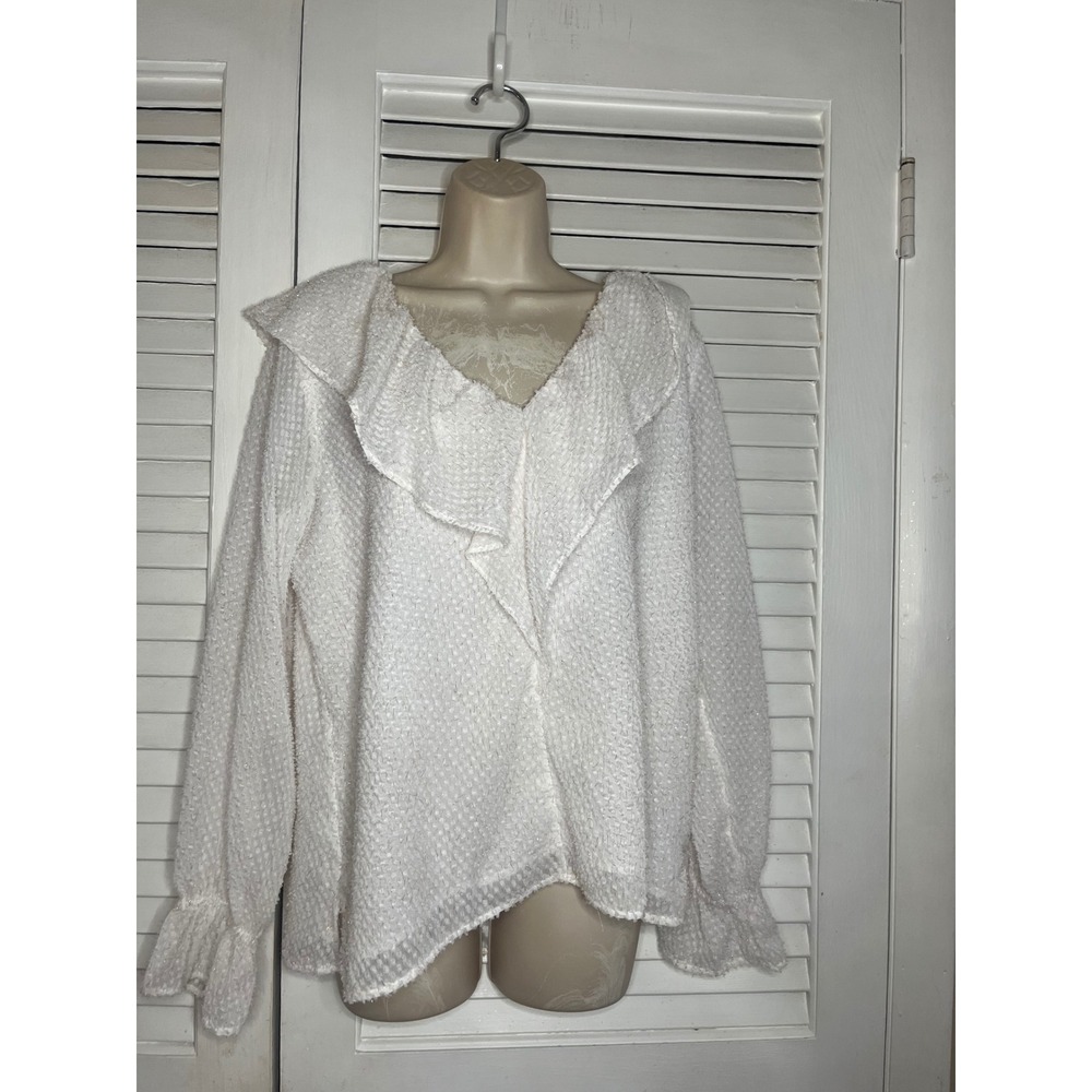 Loft White Textured Metallic Shimmer Ruffle V-Neck Wrap Blouse Medium